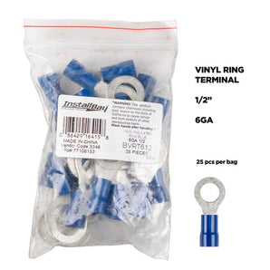Install Bay BVRT612 blue vinyl ring terminal 6 gauge 1/2 inch packaged bag of 25 pieces for wiring connections.