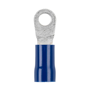Install Bay BVRT614 blue vinyl ring terminal for 6 gauge wire with 1/4 inch hole, ideal for secure electrical connections.