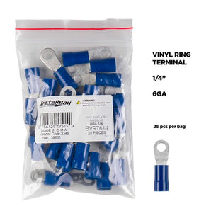 Install Bay BVRT614 blue vinyl ring terminal 6 gauge 1/4 inch package of 25 pieces in a bag