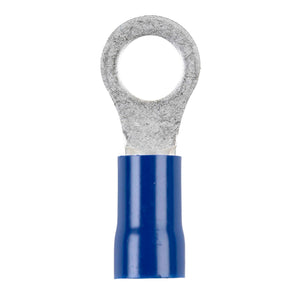 Install Bay BVRT638 blue vinyl ring terminal for 6 gauge wire, featuring a 3/8 inch ring, ideal for electrical connections.