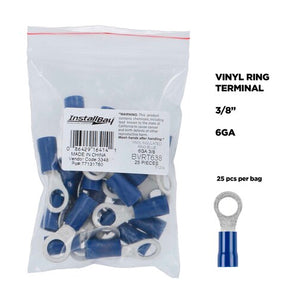 Install Bay BVRT638 vinyl ring terminal 6 gauge 3/8 inch package of 25 terminals in clear bag.