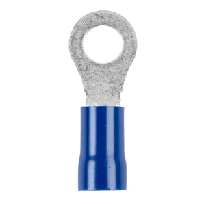 Close-up of Install Bay BVRT6516 vinyl ring terminal, blue color, 6 gauge, 5/16 inch, showcasing crimped connector.