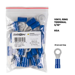 Install Bay BVRT6516 vinyl ring terminal 6 gauge 5/16 inch packaged in bag of 25 pieces for electrical connections.