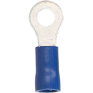 Install Bay BVRT8 blue vinyl ring terminal for 16-14 gauge wire, ideal for electrical connections.