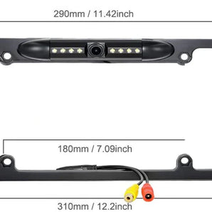 Absolute CAM2100S license plate backup camera with chrome frame, 8 LED lights, and wiring connectors for rear view.