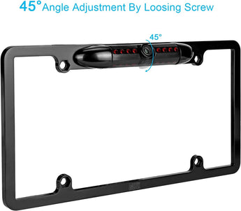Car rear view backup camera with night vision and black license plate frame.