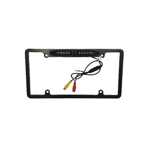 Cerwin Vega CLF1B Black HD License Plate Frame with Backup Camera shown from the front, including wiring and connectors.