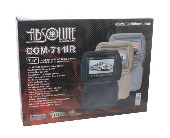 Absolute COM711IRC 7.5" Universal Headrest TFT/LCD Monitor W/IR Zipper Cover