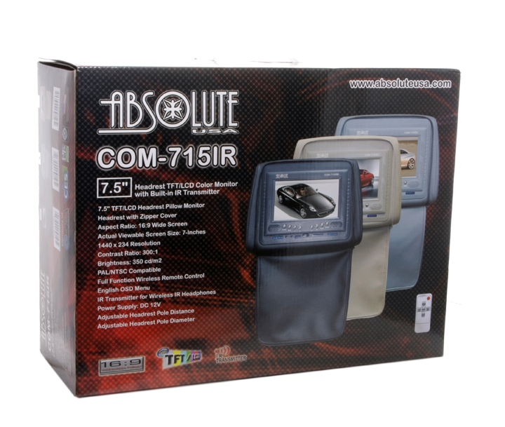 Absolute COM715IRB 7.5" Universal Headrest TFT/LCD Monitor W/IR Zipper Cover