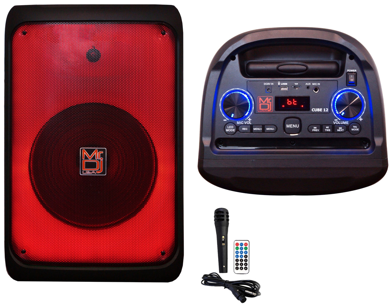 2 MR DJ CUBE12 12" Rechargeable Portable Bluetooth Karaoke Speaker with Party Flame Lights Microphone TWS USB FM Radio