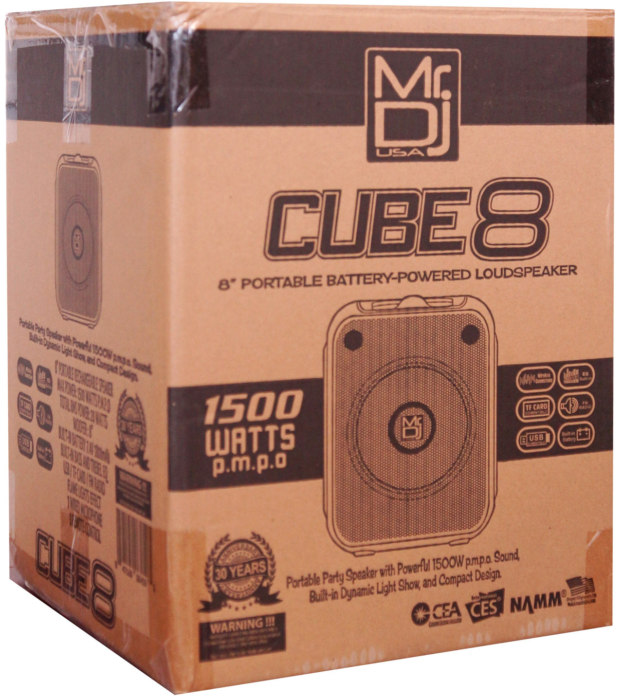 MR DJ CUBE8 8" Rechargeable Portable Bluetooth Karaoke Speaker with Party Flame Lights Microphone TWS USB FM Radio