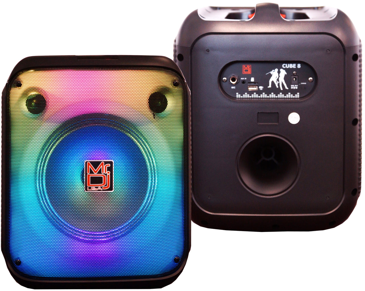 MR DJ CUBE8 8" Rechargeable Portable Bluetooth Karaoke Speaker with Party Flame Lights Microphone TWS USB FM Radio