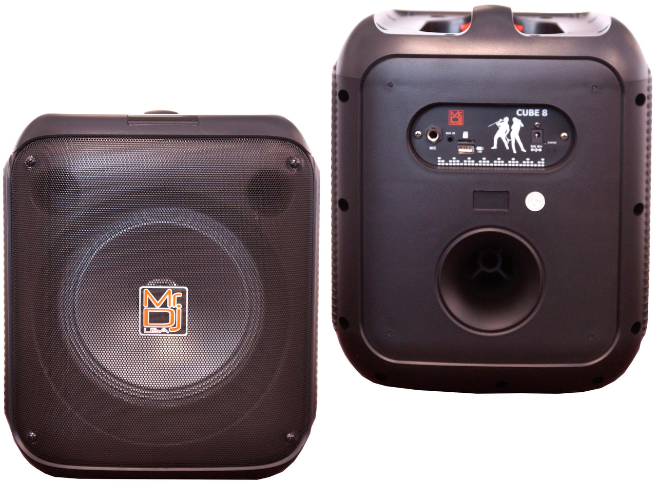 MR DJ CUBE8 8" Rechargeable Portable Bluetooth Karaoke Speaker with Party Flame Lights Microphone TWS USB FM Radio