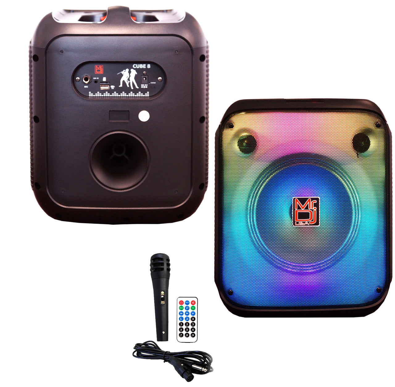 MR DJ CUBE8 8" Rechargeable Portable Bluetooth Karaoke Speaker with Party Flame Lights Microphone TWS USB FM Radio