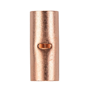 Copper uninsulated butt connector showing a smooth surface and central joint, designed for 1/0 gauge wire connections.