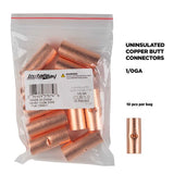 Copper uninsulated butt connector showing a smooth surface and central joint, designed for 1/0 gauge wire connections.