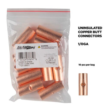 Copper uninsulated butt connector showing a smooth surface and central joint, designed for 1/0 gauge wire connections.