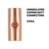 Copper uninsulated butt connector showing a smooth surface and central joint, designed for 1/0 gauge wire connections.