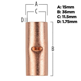 Copper uninsulated butt connector showing a smooth surface and central joint, designed for 1/0 gauge wire connections.