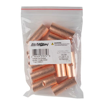 Copper uninsulated butt connector showing a smooth surface and central joint, designed for 1/0 gauge wire connections.