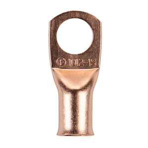 Copper uninsulated ring terminal showing a 1/0 gauge design, ideal for reliable electrical connections.