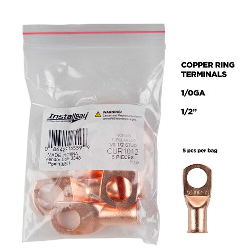 Install Bay CUR1012 Copper Uninsulated Ring Terminal 1/0 Gauge 1/2" 5/PK