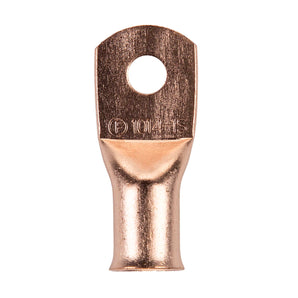 Install Bay CUR1014 copper uninsulated ring terminal 1/0 gauge with a 1/4 inch hole, suitable for electrical connections.