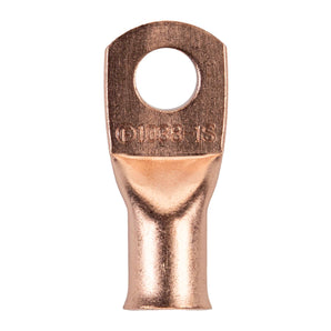 Install Bay CUR1038 uninsulated ring terminal for 1/0 gauge wire, showing copper construction and 3/8 inch hole