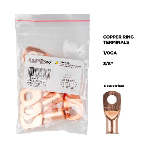 Install Bay CUR1038 Copper Uninsulated Ring Terminal 1/0 Gauge 3/8" 5/PK