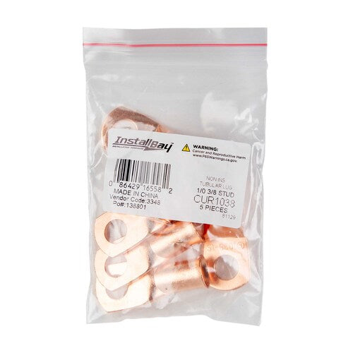 Install Bay CUR1038 Copper Uninsulated Ring Terminal 1/0 Gauge 3/8" 5/PK