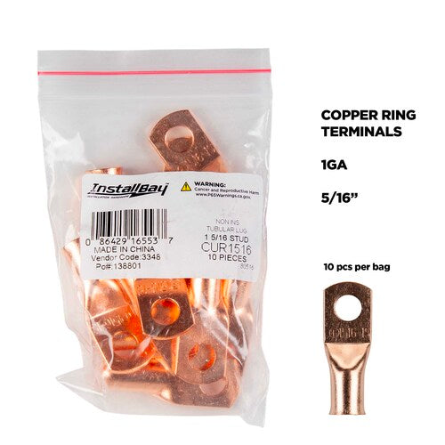 Install Bay CUR1516 Copper Uninsulated Ring Terminal 1 Gauge 5/16" 10/PK