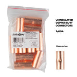 Uninsulated butt connector for electrical wiring, featuring a copper construction, durable and reliable for 2/0 gauge applications.