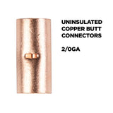 Uninsulated butt connector for electrical wiring, featuring a copper construction, durable and reliable for 2/0 gauge applications.