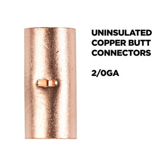 Uninsulated butt connector for electrical wiring, featuring a copper construction, durable and reliable for 2/0 gauge applications.