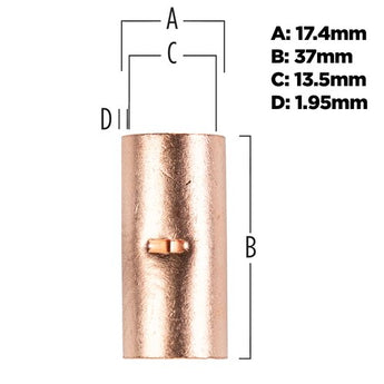 Uninsulated butt connector for electrical wiring, featuring a copper construction, durable and reliable for 2/0 gauge applications.