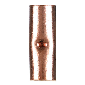 Copper uninsulated butt connector for 2 gauge wires, showing a smooth finish and central crimp for secure connections.