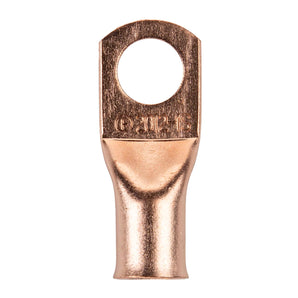 Close-up of Install Bay CUR2012 uninsulated ring terminal, copper, 2/0 gauge, featuring a 1/2 inch hole.