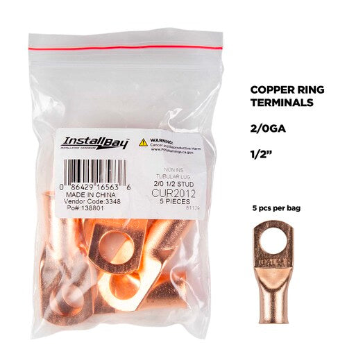 Install Bay CUR2012 Copper Uninsulated Ring Terminal 2/0 Gauge 1/2" 5/PK