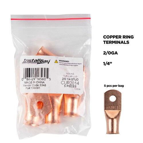 Install Bay CUR2014 Copper Uninsulated Ring Terminal 2/0 Gauge 1/4" 5/PK