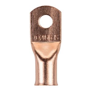 Install Bay CUR20516 Copper Uninsulated Ring Terminal for 2/0 Gauge, 5/16 inch hole, ideal for electrical connections.