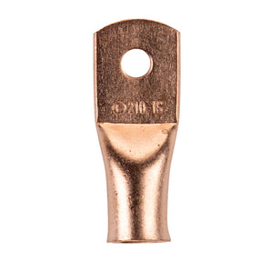 Copper uninsulated ring terminal with a 1/2 inch hole for 4 gauge wiring, designed for reliable electrical connections.