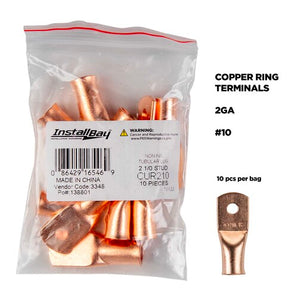 Install Bay CUR210 copper uninsulated ring terminal pack 2 Gauge #10 with 10 pieces in bag.