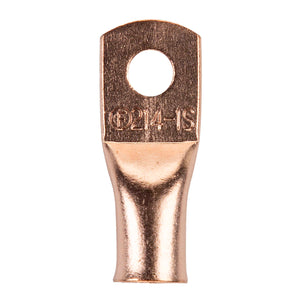 Copper uninsulated ring terminal showing 1/4 inch hole, ideal for 2 gauge wiring, details visible.