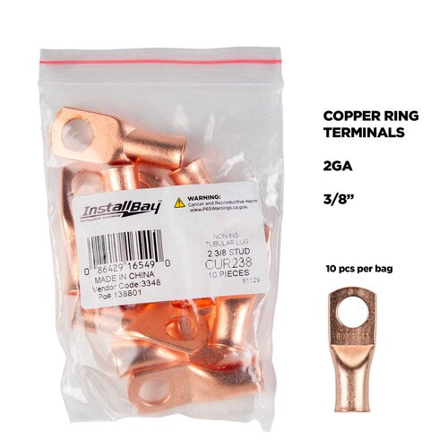 Install Bay CUR238 Copper Uninsulated Ring Terminal 2 Gauge 3/8" 10/PK