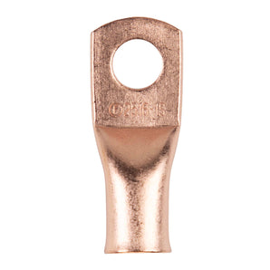 Copper uninsulated ring terminal for 2 gauge wire, showing 5/16 inch hole, ideal for electrical connections.