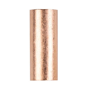 Copper uninsulated butt connector for 2 gauge wires, showing a smooth finish and central crimp for secure connections.
