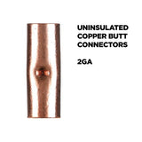 Copper uninsulated butt connector for 2 gauge wires, showing a smooth finish and central crimp for secure connections.