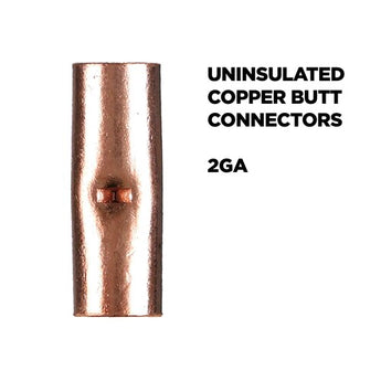 Copper uninsulated butt connector for 2 gauge wires, showing a smooth finish and central crimp for secure connections.