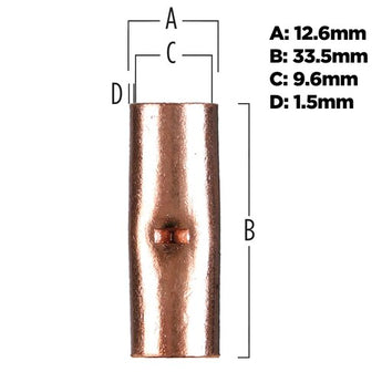 Copper uninsulated butt connector for 2 gauge wires, showing a smooth finish and central crimp for secure connections.
