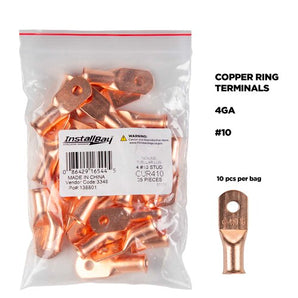 Install Bay CUR410 Copper Uninsulated Ring Terminal 4 Gauge #10 in a bag, featuring multiple terminals for electrical connections.